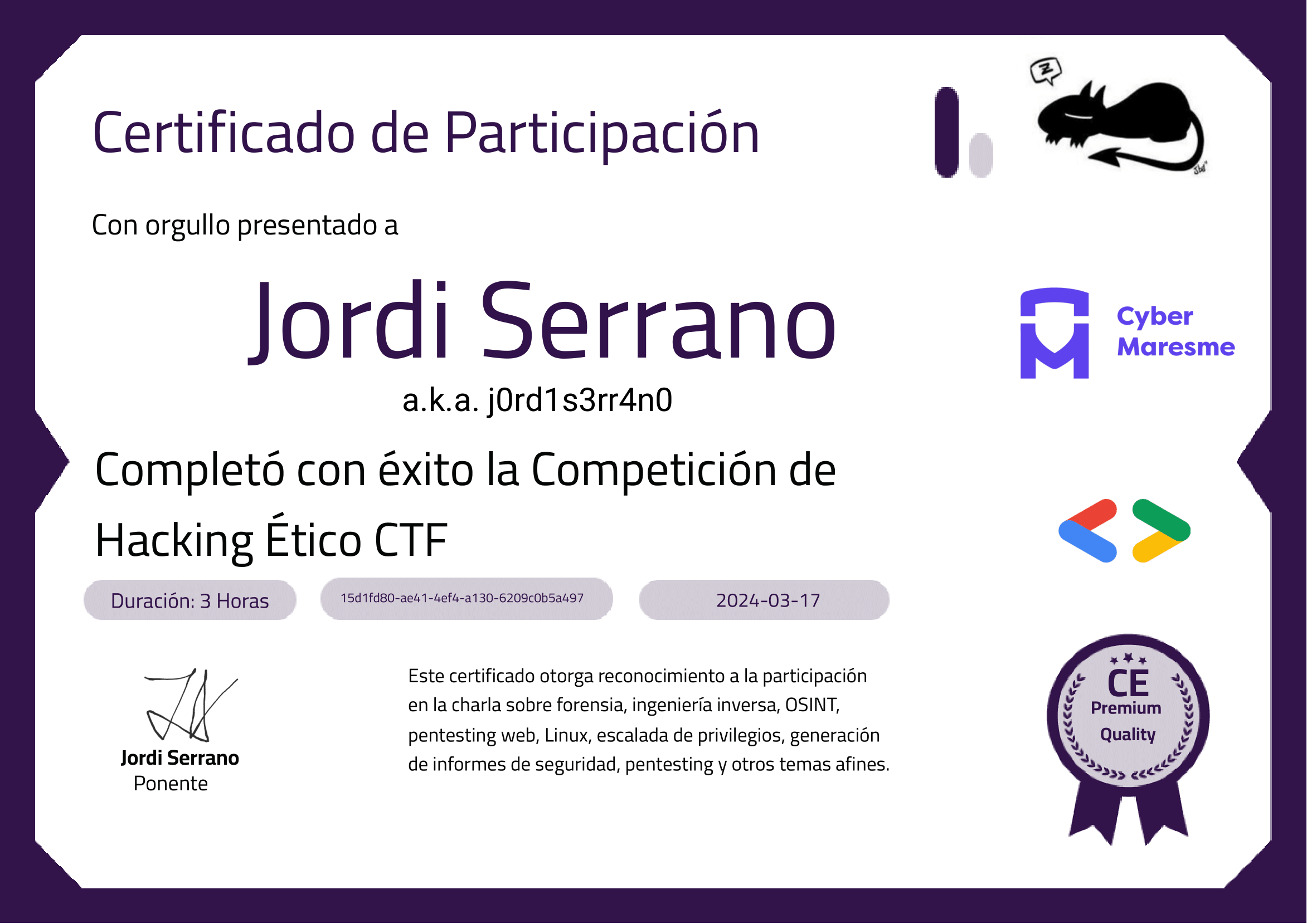 Certificado certCyberMaresmeHackingEtic